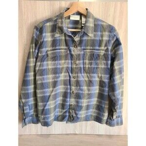 Liz Claiborne Lizwear Plaid Flannel Shirt Petite M Gray Blue Green Cotton Button
